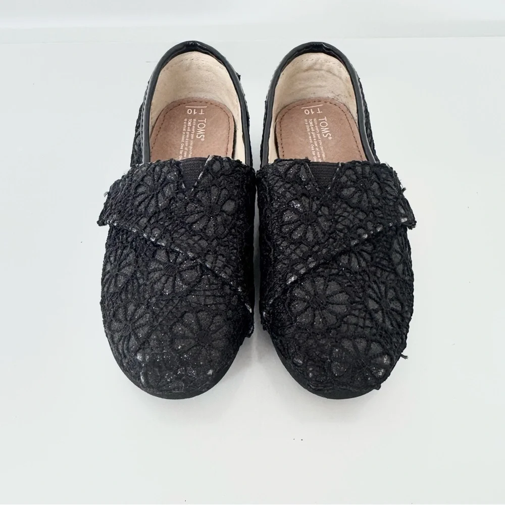 Toms Youth Classic Black Crochet Floral Glitter Slip-On Shoe Size T 10 Girls
